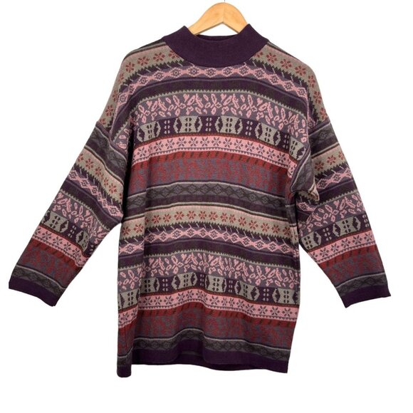 VTG Zeki Triko 90s Fair Isle wool blend mock neck sweater sz L - Picture 1 of 7